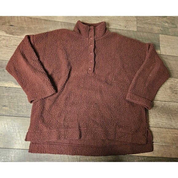 aerie Sweaters - Aerie Oversized Sherpa Fleece Pullover Quarter Button Maroon Cozy Sweater Large